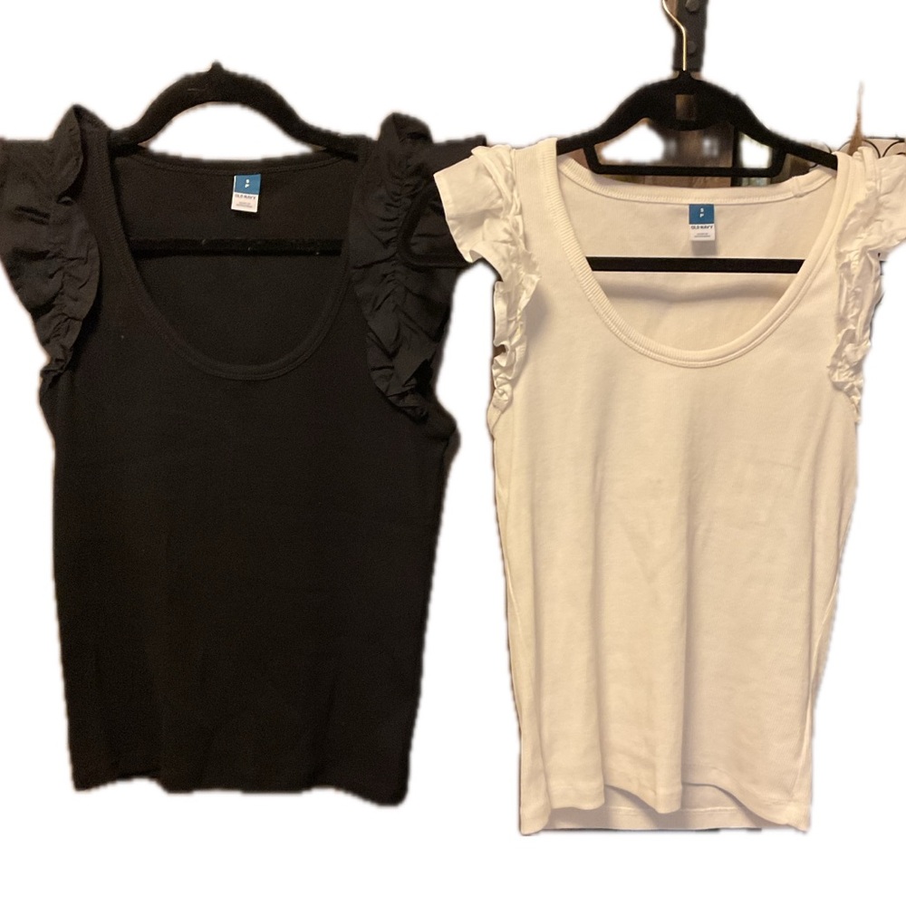 Old Navy Set of Double layered Frilly   Black & White Ribbed Tank tops.